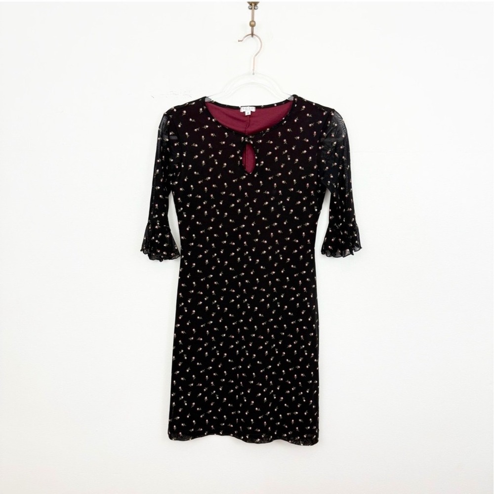Vintage 90s XOXO Black Ditsy Floral Sheer Mini Dress Size Small